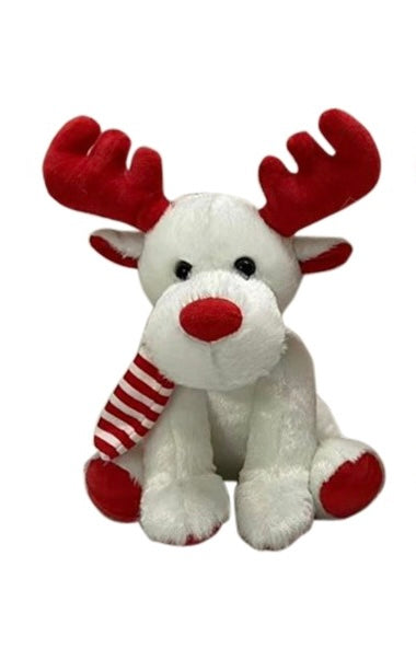 Sitting Plush Reindeer with Red Antlers