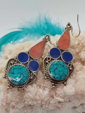 Red Coral, Lapis lazuli and blue howlet Earrings