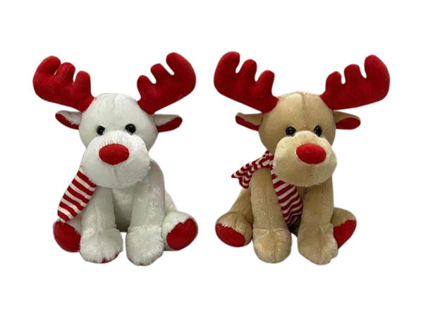 Sitting Plush Reindeer with Red Antlers