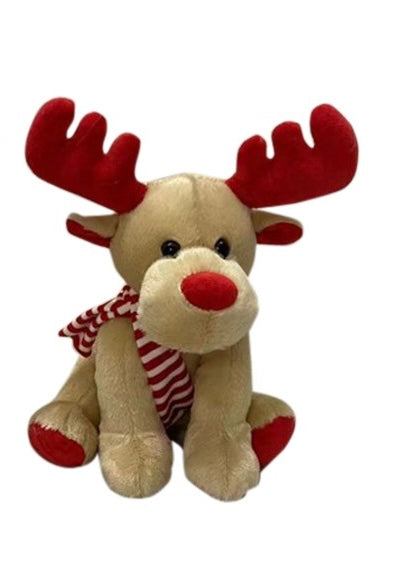 Sitting Plush Reindeer with Red Antlers