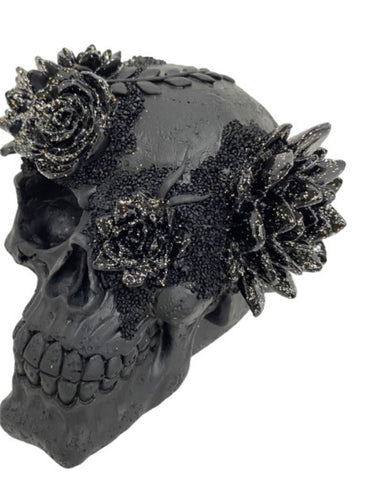Black Skull with Silver Flowers