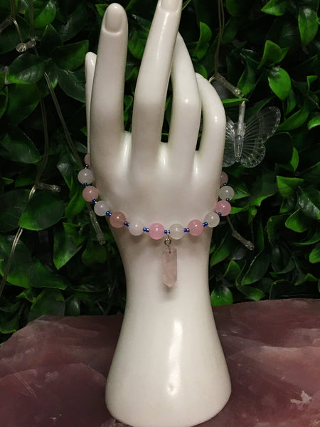 Rose Quartz & Clear Quartz Bracelet with Rose Quartz Point