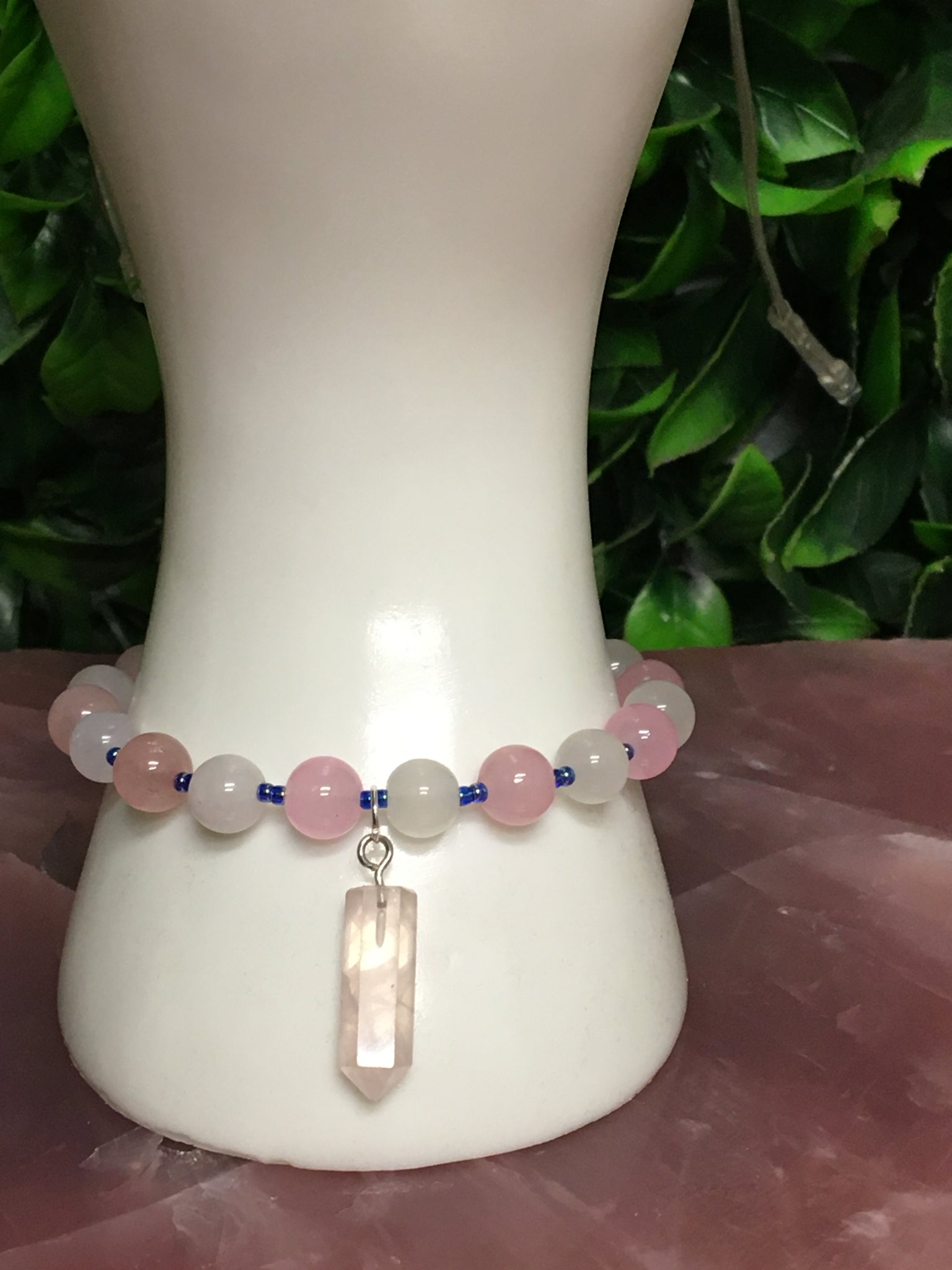 Rose Quartz & Clear Quartz Bracelet with Rose Quartz Point