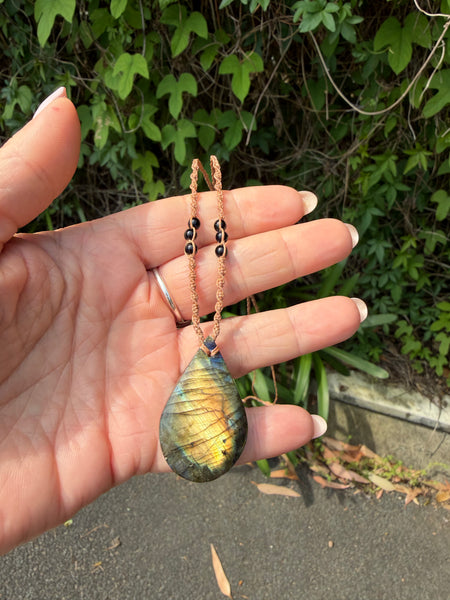Handcrafted Teardrop Labradorite Macrame Necklace – Blue & Yellow Flash Crystal Pendant in Brown Cord, Adjustable Boho Gemstone Jewellery
