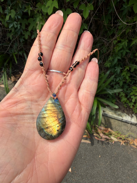 Handcrafted Teardrop Labradorite Macrame Necklace – Blue & Yellow Flash Crystal Pendant in Brown Cord, Adjustable Boho Gemstone Jewellery