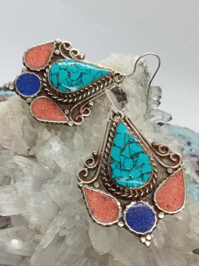 blue howlet, red coral and lapis lazuli earrings