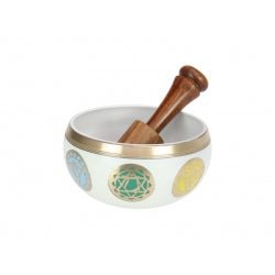 White Tibetan Singing Bowl with Chakra Design