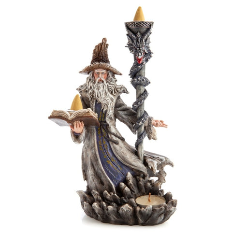 Wizard with Dragon Staff Design Candle Holder & Backflow