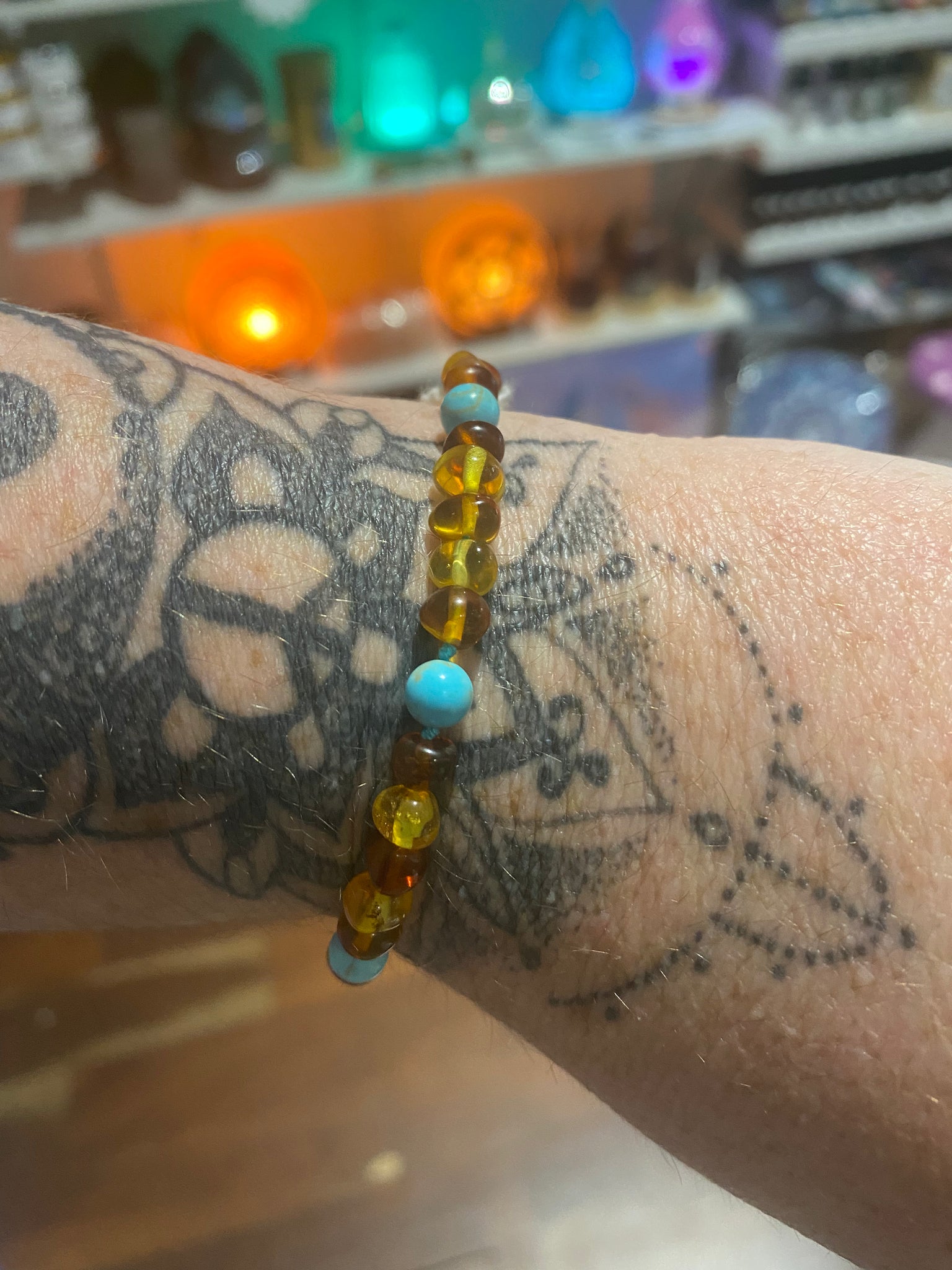 Amber and turquoise drawstring  bracelet