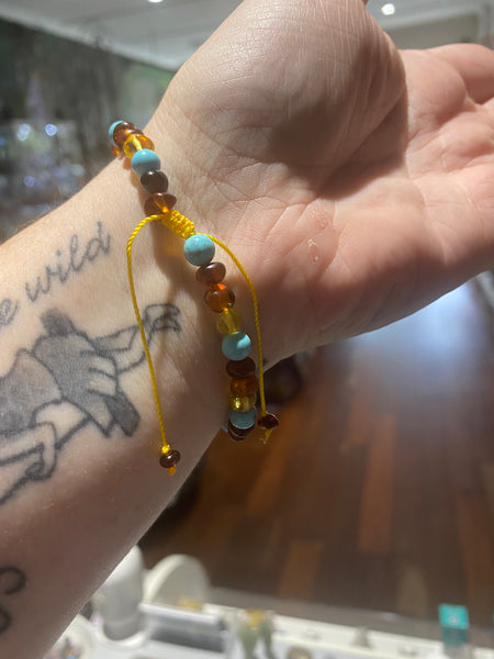 Amber and turquoise adults drawstring bracelet