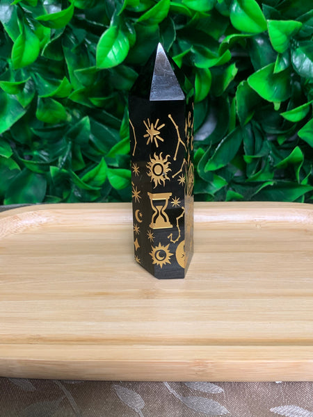 Black Obsidian Gold Etched Tower