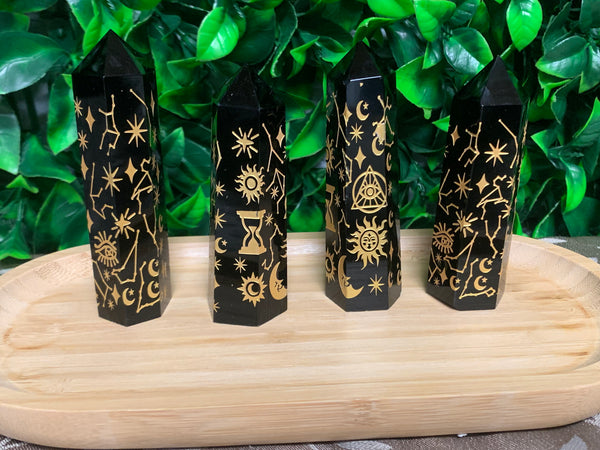 Black Obsidian Gold Etched Tower