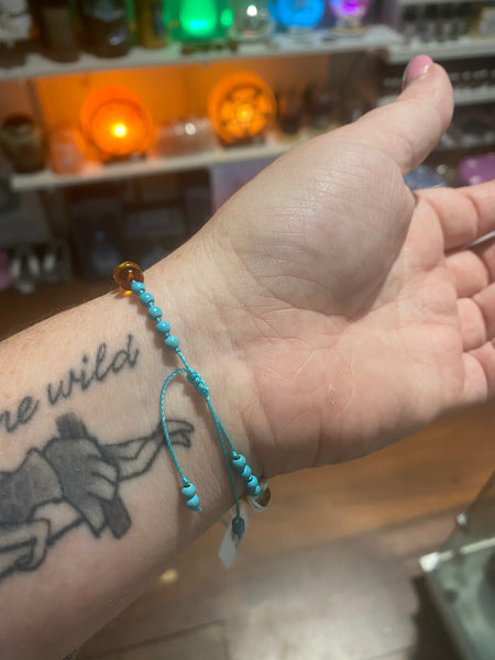 Amber and turquoise drawstring  bracelet